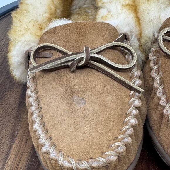 LL Bean Wicked Good Slippers Moccasins Tan Suede Cozy Warm Shearling Women's 7M - Picture 6 of 11